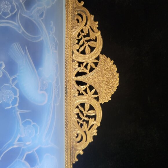 Antique French Julien Opalescent Glass Dish Birds & Floral Metal Rims & Handles - Picture 6 of 13